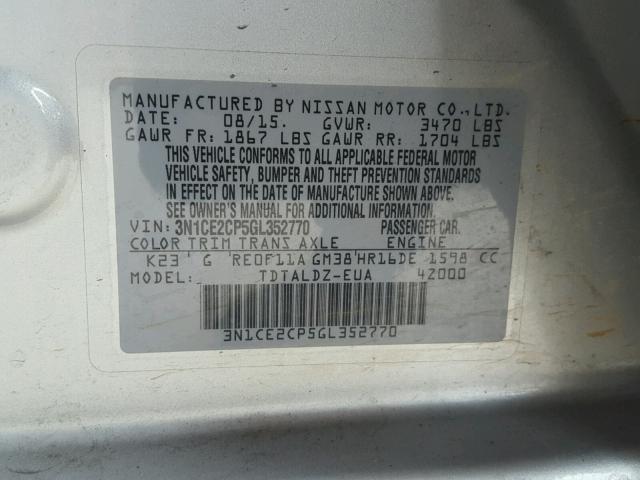 3N1CE2CP5GL352770 - 2016 NISSAN VERSA NOTE SILVER photo 10