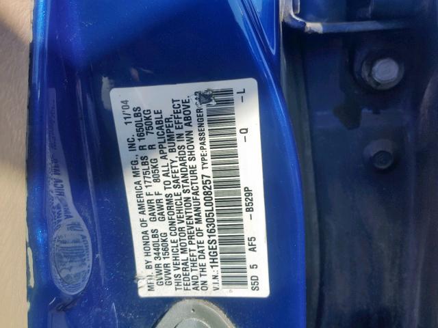 1HGES16305L008257 - 2005 HONDA CIVIC DX V BLUE photo 10