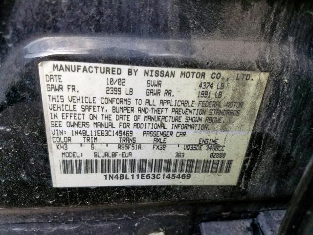 1N4BL11E63C145469 - 2003 NISSAN ALTIMA SE BLACK photo 10