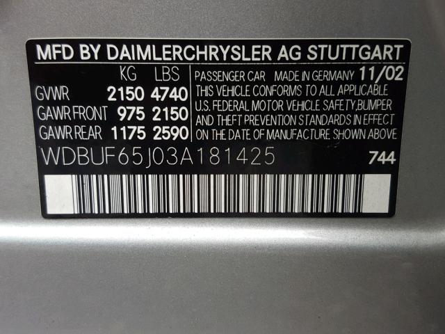 WDBUF65J03A181425 - 2003 MERCEDES-BENZ E 320 SILVER photo 10