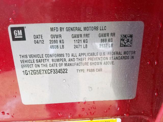 1G1ZG5E7XCF334522 - 2012 CHEVROLET MALIBU LTZ წითელი ფოტო 10