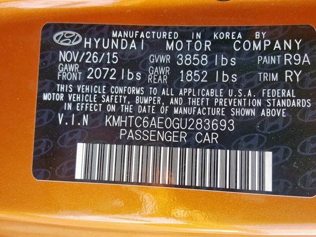 KMHTC6AE0GU283693 - 2016 HYUNDAI VELOSTER T ORANGE photo 10