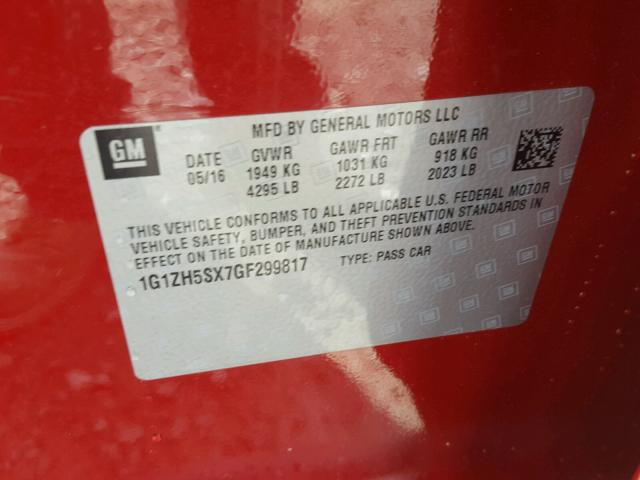 1G1ZH5SX7GF299817 - 2016 CHEVROLET MALIBU PRE 红色 照片 10