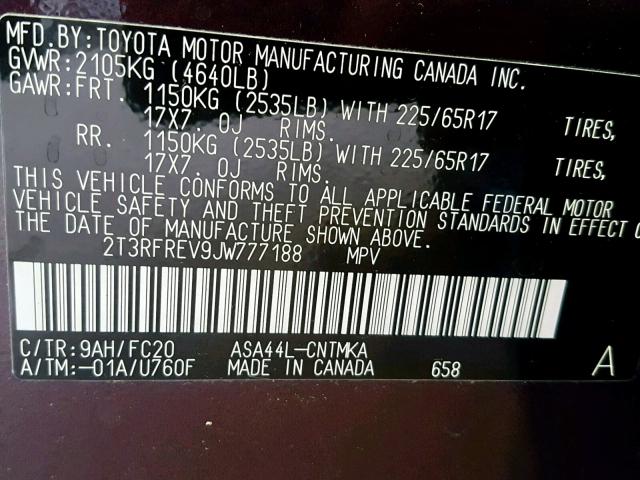 2T3RFREV9JW777188 - 2018 TOYOTA RAV4 ADVEN MAROON photo 10