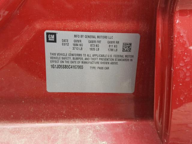 1G1JD5SB5C4167965 - 2012 CHEVROLET SONIC LT RED photo 10