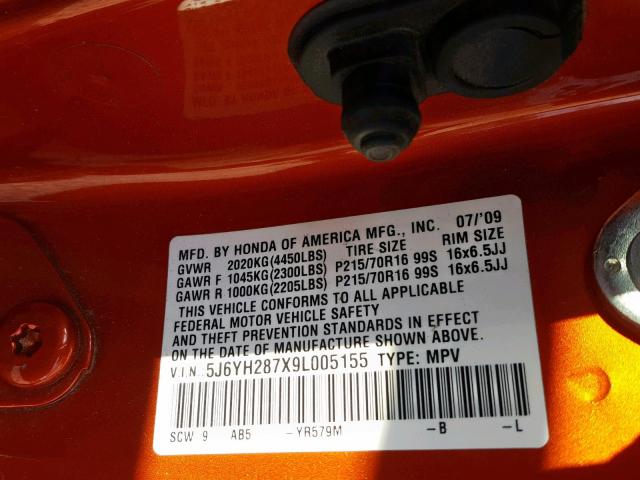 5J6YH287X9L005155 - 2009 HONDA ELEMENT EX ORANGE photo 10