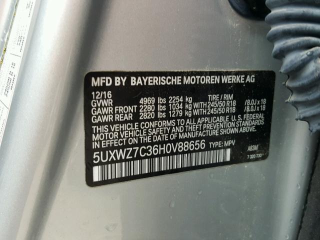 5UXWZ7C36H0V88656 - 2017 BMW X3 SDRIVE2 SILVER photo 10