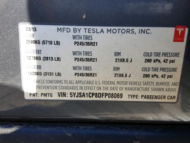 5YJSA1CP8DFP08069 - 2013 TESLA MODEL S ნაცრისფერი ფოტო 10