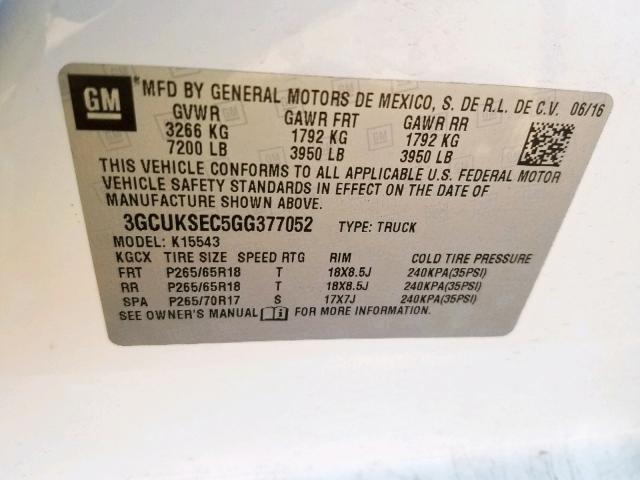 3GCUKSEC5GG377052 - 2016 CHEVROLET SILVERADO WHITE photo 10