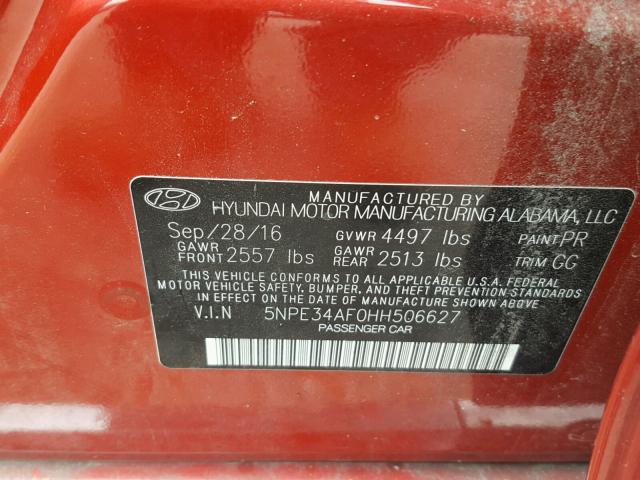 5NPE34AF0HH506627 - 2017 HYUNDAI SONATA SPO RED photo 10