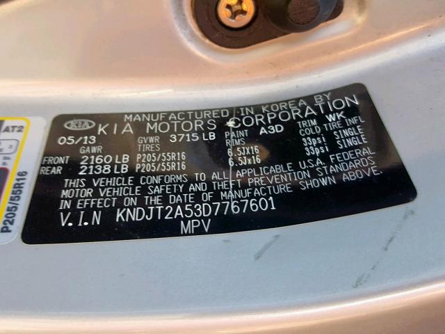 KNDJT2A53D7767601 - 2013 KIA SOUL SILVER photo 10