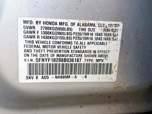 5FNYF18288B036187 - 2008 HONDA PILOT VP SILVER photo 10