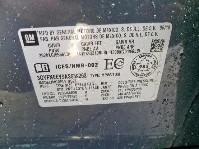 3GYFNEEY9AS639263 - 2010 CADILLAC SRX PERFOR GRAY photo 10