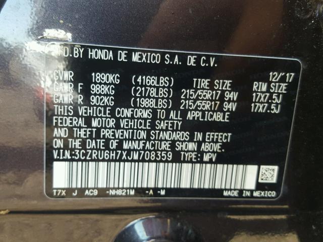 3CZRU6H7XJM708359 - 2018 HONDA HR-V EXL BLACK photo 10