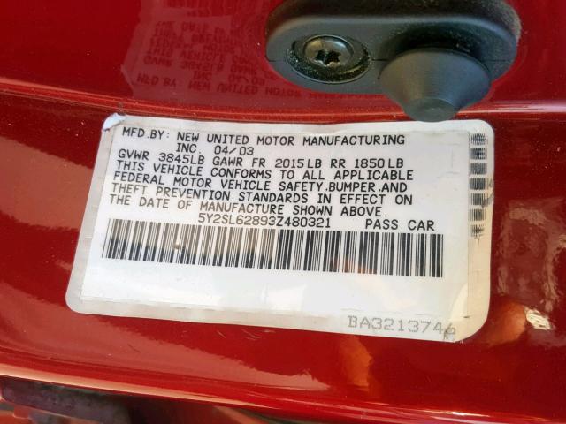 5Y2SL62893Z480321 - 2003 PONTIAC VIBE RED photo 10