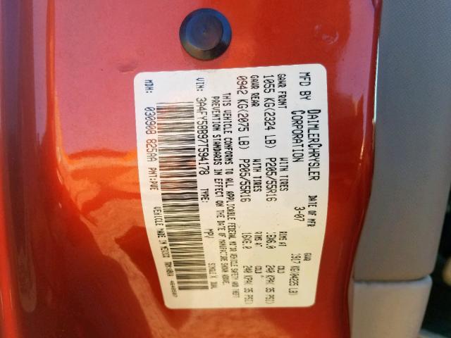 3A4FY58B97T594178 - 2007 CHRYSLER PT CRUISER ORANGE photo 10