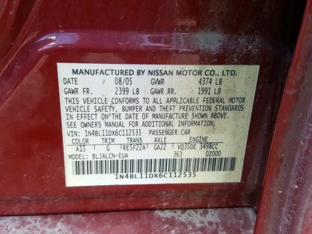 1N4BL11DX6C112535 - 2006 NISSAN ALTIMA SE RED photo 10