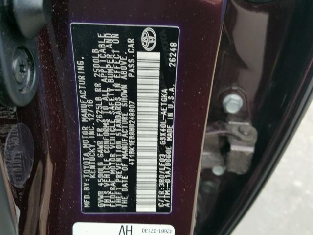 4T1BK1EB8HU248807 - 2017 TOYOTA AVALON XLE MAROON photo 10