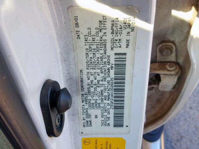 JTEGF21AX10026635 - 2001 TOYOTA HIGHLANDER WHITE photo 10