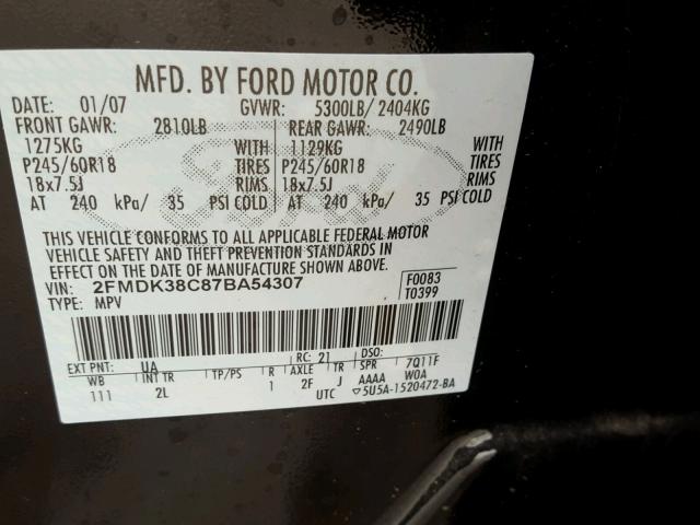 2FMDK38C87BA54307 - 2007 FORD EDGE SEL BLACK photo 10