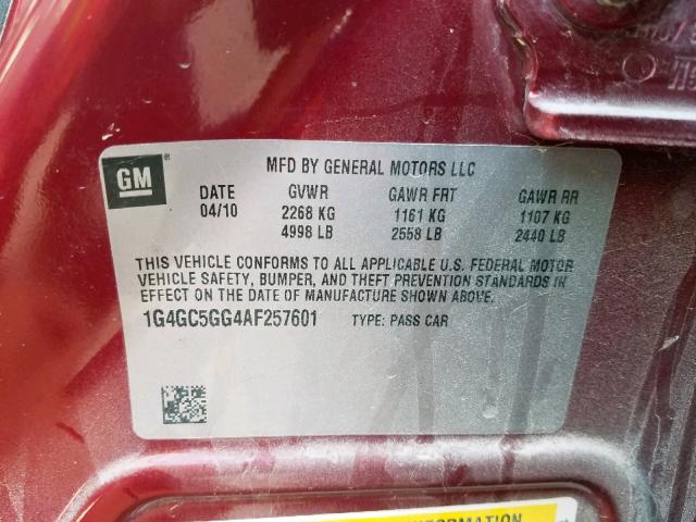 1G4GC5GG4AF257601 - 2010 BUICK LACROSSE C RED photo 10