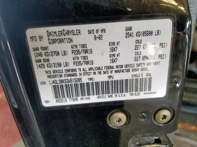 1J4GL38K63W515285 - 2003 JEEP LIBERTY RE BLACK photo 10