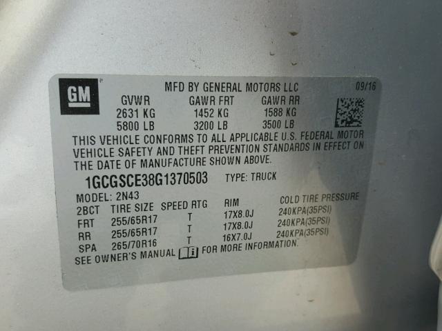 1GCGSCE38G1370503 - 2016 CHEVROLET COLORADO L SILVER photo 10