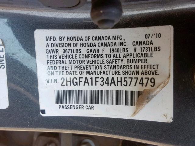 2HGFA1F34AH577479 - 2010 HONDA CIVIC VP GRAY photo 10