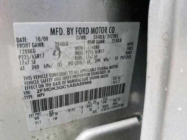 2FMDK3GC1ABA55968 - 2010 FORD EDGE SE SILVER photo 10