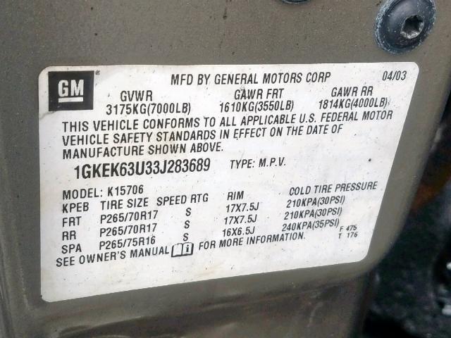 1GKEK63U33J283689 - 2003 GMC YUKON DENA TAN photo 10