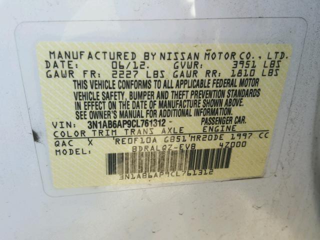 3N1AB6AP9CL761312 - 2012 NISSAN SENTRA 2.0 WHITE photo 10