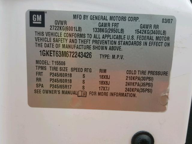 1GKET63M672243426 - 2007 GMC ENVOY DENA WHITE photo 10