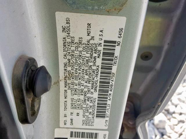 5TELU42N35Z097431 - 2005 TOYOTA TACOMA DOU SILVER photo 10