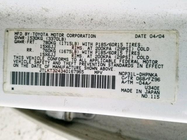 JTLKT324340167965 - 2004 TOYOTA SCION XB 白色 照片 10