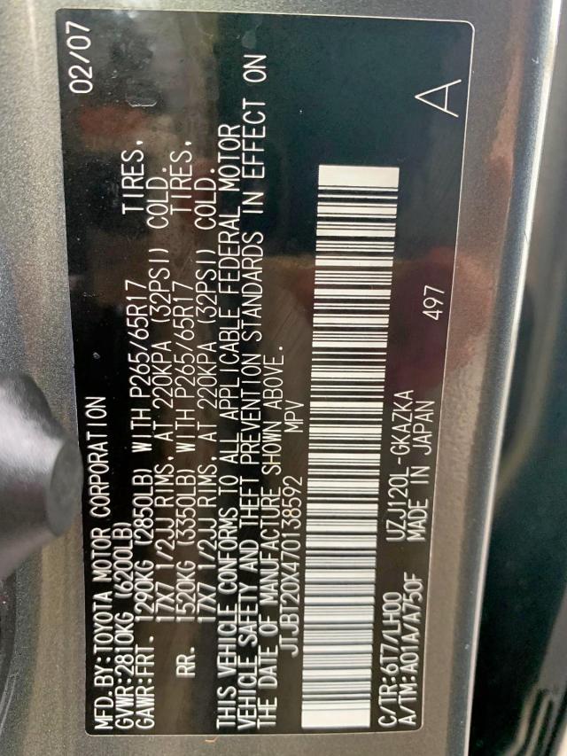 JTJBT20X470138592 - 2007 LEXUS GX 470 GRAY photo 10