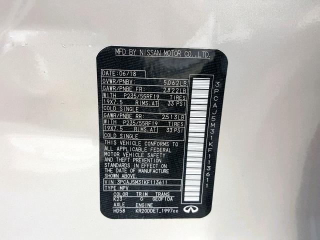 3PCAJ5M31KF113611 - 2019 INFINITI QX50 ESSEN SILVER photo 10