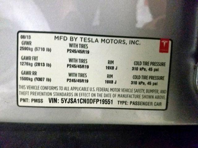 5YJSA1CN0DFP19551 - 2013 TESLA MODEL S SILVER photo 10