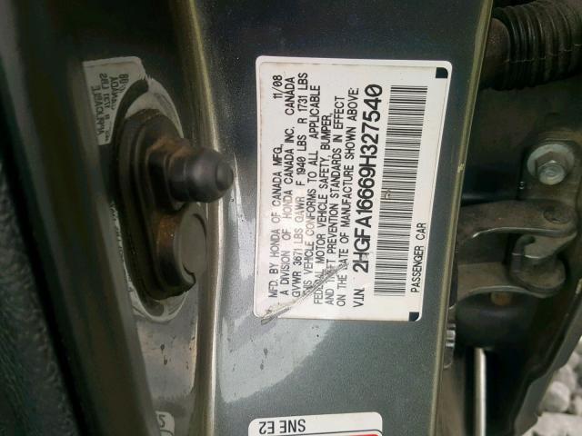 2HGFA16669H327540 - 2009 HONDA CIVIC LX-S GRAY photo 10