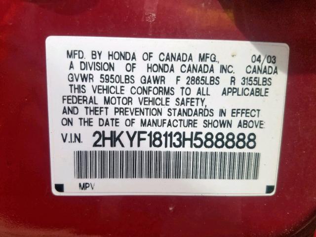 2HKYF18113H588888 - 2003 HONDA PILOT LX RED photo 10