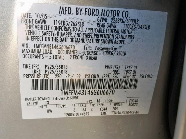 1MEFM43146G606670 - 2006 MERCURY MONTEGO PR ვერცხლისფერი ფოტო 10