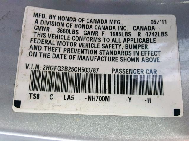 2HGFG3B25CH503787 - 2012 HONDA CIVIC DX SILVER photo 10