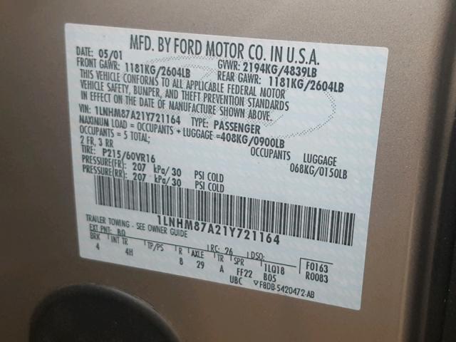1LNHM87A21Y721164 - 2001 LINCOLN LS GOLD photo 10