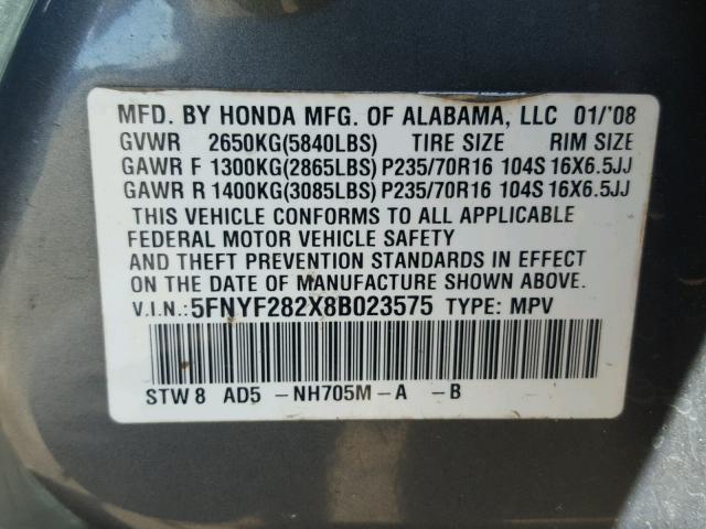 5FNYF282X8B023575 - 2008 HONDA PILOT VP GRAY photo 10