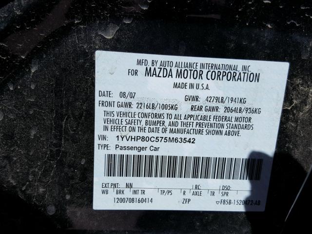 1YVHP80C575M63542 - 2007 MAZDA MAZDA6 BLACK photo 10