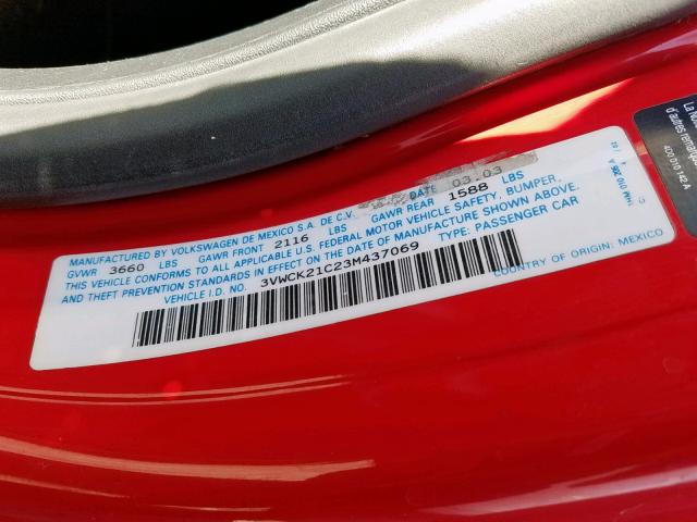 3VWCK21C23M437069 - 2003 VOLKSWAGEN NEW BEETLE წითელი ფოტო 10