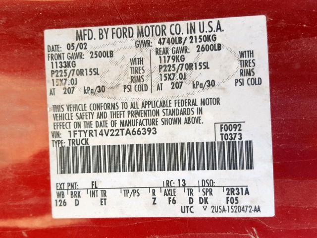 1FTYR14V22TA66393 - 2002 FORD RANGER SUP RED photo 10