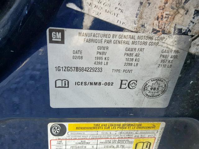 1G1ZG57B984229233 - 2008 CHEVROLET MALIBU LS BLUE photo 10