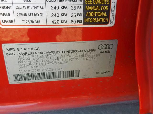 WAUKD78P27A020145 - 2007 AUDI A3 S-LINE RED photo 10