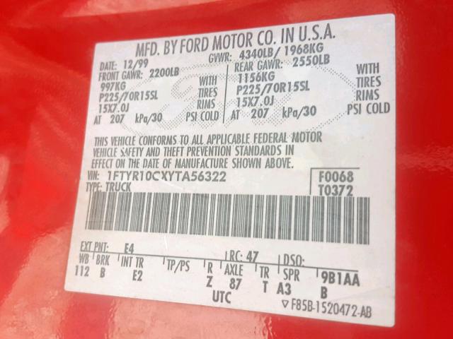 1FTYR10CXYTA56322 - 2000 FORD RANGER RED photo 10