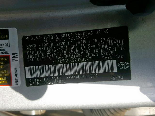 4T1BF3EK5AU502771 - 2010 TOYOTA CAMRY BASE SILVER photo 10